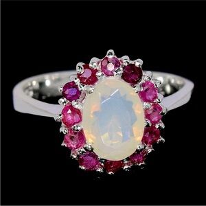 STUNNING!  8x6mm Natural Opal w/ Ruby Halo in 925 Sterling Silver Ring Sz 5.75